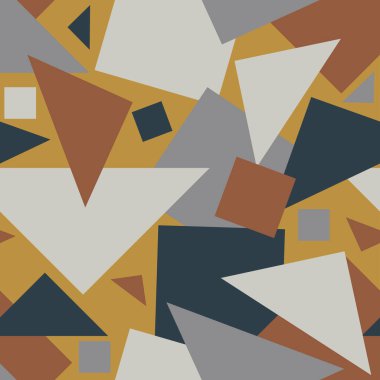 Kusursuz vektör deseni geometrik şekiller dokuyu şekillendirir. Duvar kağıdı tasarımı, kareler ve bej arka planda üçgen. Sanatsal tekrarlama tasarımı.