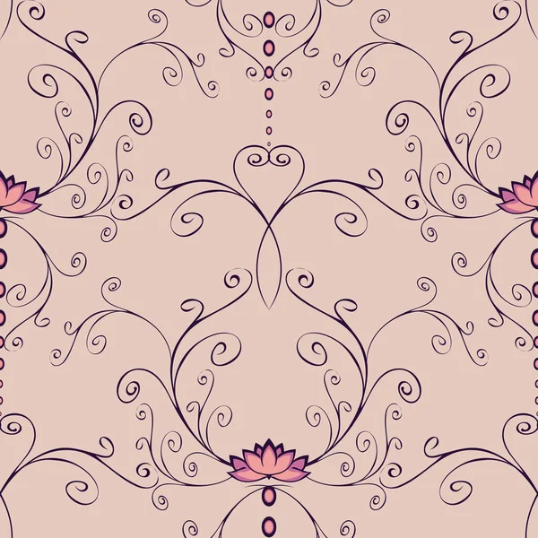 Modelo Vectorial Sin Costuras Con Flores Rosadas Loto Líneas Curvadas — Vector de stock