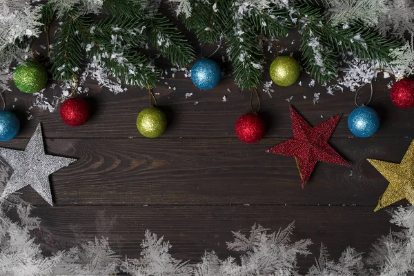 Christmas wooden background with snow fir tree. — Stock Photo, Image