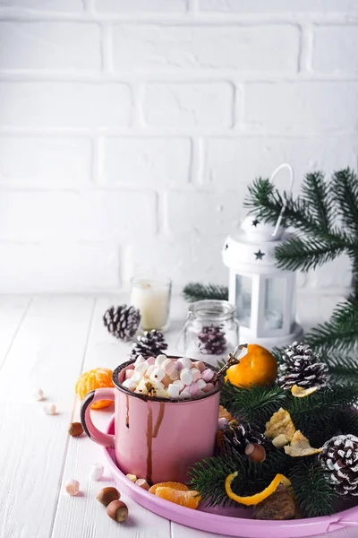 Mug with hot chocolate with melted marshmallow — Stock Photo, Image