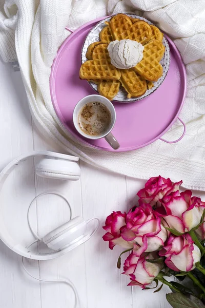 Coffee with waffles and roses. Valentines Day or 8 march . Delicious Breakfast.