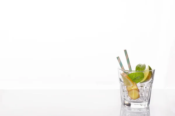 Mojito Refreshing Cocktail Ice Elegant Glasses White Background Copy Space — Stock Photo, Image