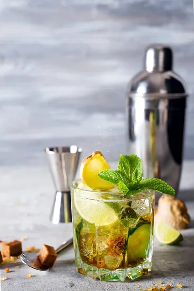 Gin tonic cocktail with ginger, cucumber and mint — Stock Photo, Image