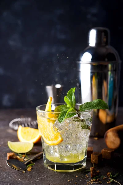 Cóctel naranja con hielo, hoja de menta y rodaja de naranja . — Foto de Stock