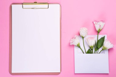 Zarfta Eustoma çiçekleri olan minimum kompozisyon pembe arka planda pano, üst manzara. Sevgililer günü, doğum günü, anne ya da düğün kartı.