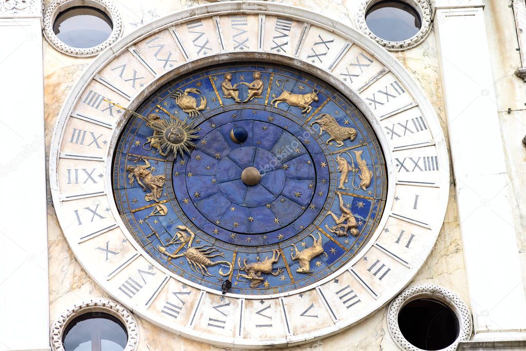 Astrological clock at the Torre dellOrologio in Venice. Astronomic clock at a tower at St. Marks square. Clocktower an early Renaissance building of the Piazza San Marco. Zodiac Dial.