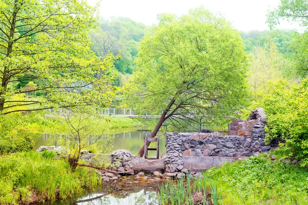 Antigua presa de piedra con rueda de madera a través del río en el fondo de un amplio lago y árboles verdes . — Foto de Stock
