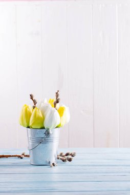 Taze toplanmış bahar laleleri, çiçekler ve açık mavi ahşap bir masadaki söğüt dallarından gelen açık gri duvara karşı tebrik kartpostalını kopyala..