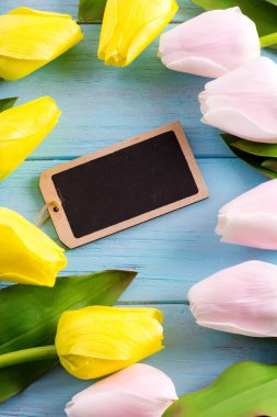Tebrik kartı, taze lale çiçeği ve dikdörtgen yazı tahtasından yapılmış çerçeveli pastel mavi ahşap arka plan, kopyalama alanı. Düz yatıyordu