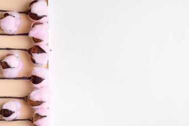 Beyaz bej arka planda pembe pamuk çiçeklerinden sınır çerçevesini selamlıyor.