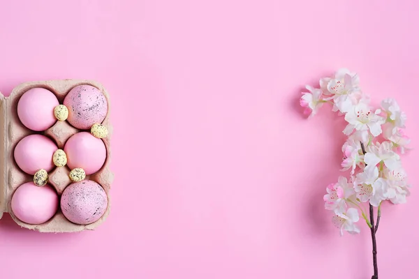 Marco festivo de Pascua de la caja de papel de huevos pintados de color rosa hechos a mano y con una ramita de cerezo en flor sobre un fondo del mismo color . —  Fotos de Stock