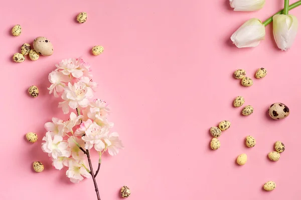 Composición festiva de Pascua a partir de huevos de codorniz, tulipanes frescos y ramas de cerezas sobre un fondo rosa . —  Fotos de Stock