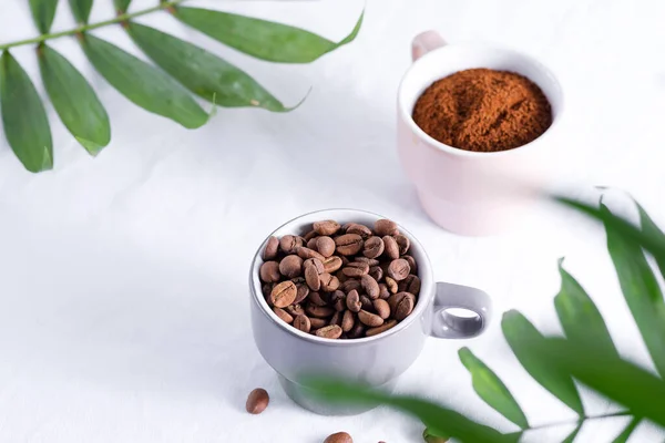 Tasses en céramique avec grains de café fraîchement torréfiés et café aromatique moulu frais sur un fond clair et feuilles de palmier vert . — Photo