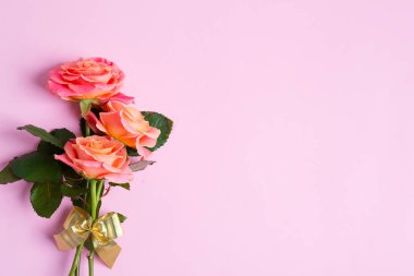 Pastel pembe arka planda taze koparılmış gül buketinden bir tebrik kartı..