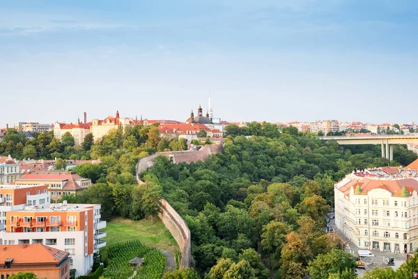 Praga, Repubblica Ceca - 17.07.2018. Paesaggio urbano di edifici storici e moderni con aree verdi su uno sfondo di cielo blu, città di Praga, Repubblica Ceca . — Foto Stock