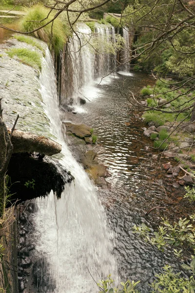 Waterval in mountain lake en groen park in Rascafria, Madrid. — Stockfoto