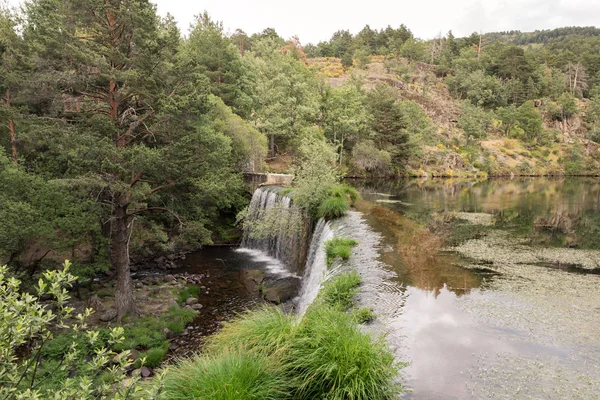 Şelale dağ Gölü ve yeşil park Rascafria, Madrid. 