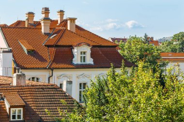 Prag cityscape görünümü çeşitli binalar, kuleler ve anıtlar