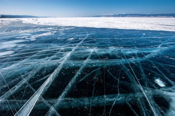 Transparentes Eis Auf Dem Baikalsee Mit Großen Schönen Rissen Einem — Stockfoto