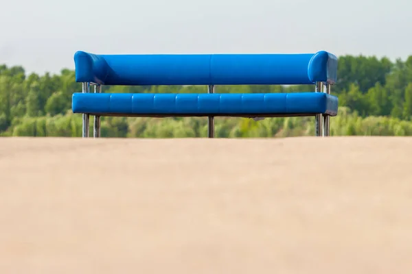 Empty New Leather Blue Sofa Stands Sunny Day Selective Focus — Stock Photo, Image