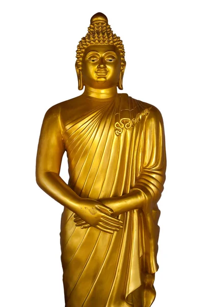 Statue Standing Golden Buddha Hands Folded His Stomach Isolated White — Stock Photo, Image