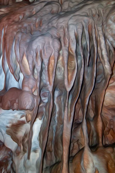 Texture of a cave with vertical growths on the walls in digital processing as an oil painting in the style of the drawings of Giger. Smooth texture. Soft light and shapes.