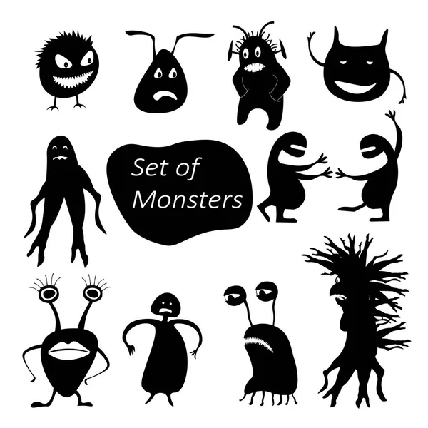 Set of funny cute silhouette creatures. Isolated Critters hand-drawn. — Stock Vector