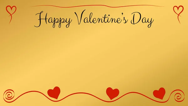 Valentijnsdag ansichtkaart met een gouden achtergrond en rode harten en ornament. — Stockvector