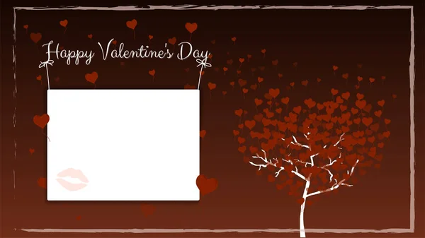 Briefkaart voor Valentijnsdag in het bruin met een frame. Een boom met ballonnen in de vorm van harten in plaats van bladeren. — Stockvector