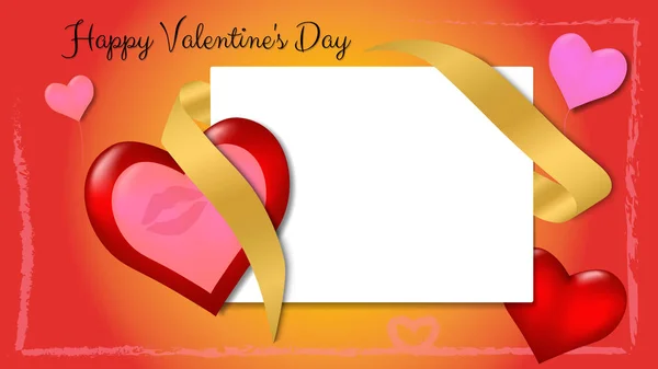 Heldere wenskaart met 3D hartjes met schaduwen voor Valentijnsdag in rood met een frame. — Stockvector