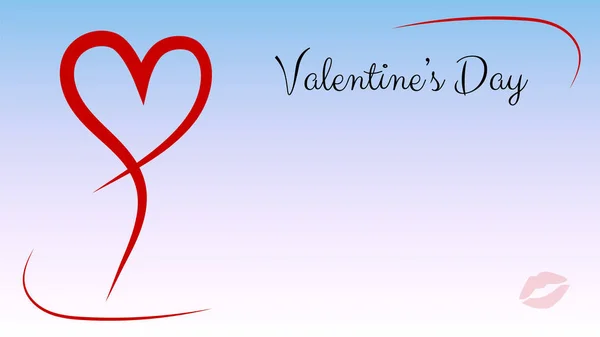 Eenvoudige Valentijnskaart met blauwe achtergrond. Grote rode contour van het hart en vrouwelijke lippen. — Stockvector
