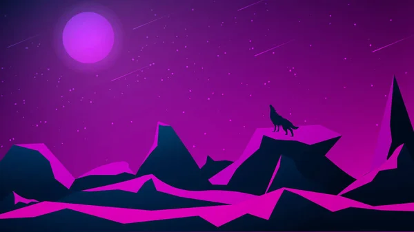 Futuristische veelhoekige nachtelijke landschap met bergen en een wolf huilen naar de maan. — Stockvector