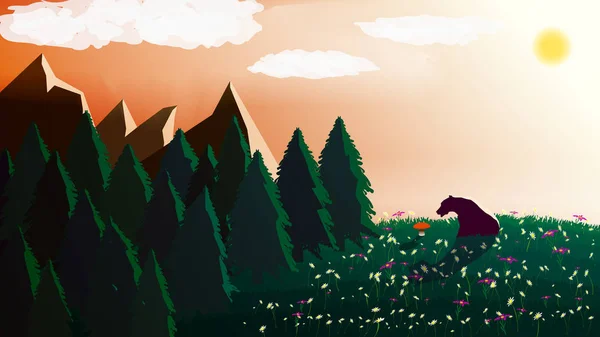 Polygonaal landschap met een beer op een groen grasveld met bloemen en een rode paddestoel. — Stockvector