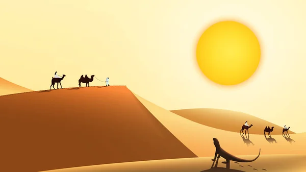 Desert landscape with a caravan of camels and people walking along the sand dunes. — 스톡 벡터