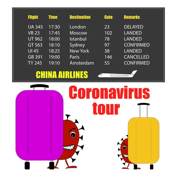 O coronavírus global da China está se espalhando com turistas em aviões . —  Vetores de Stock