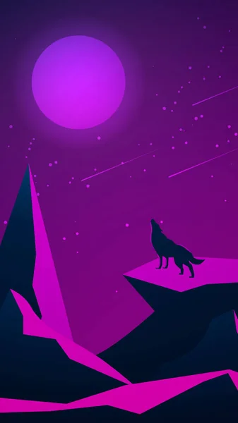 Futuristisch nachtlandschap met bergen en een wolf huilend naar de maan. — Stockvector