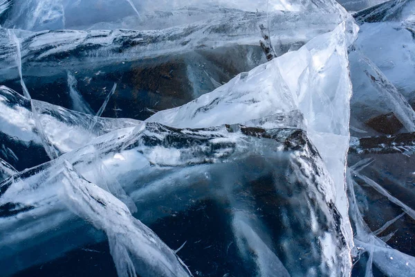 Muitas Rachaduras Profundas Naturais Gelo Lago Baikal Estrutura Gelo Visível — Fotografia de Stock