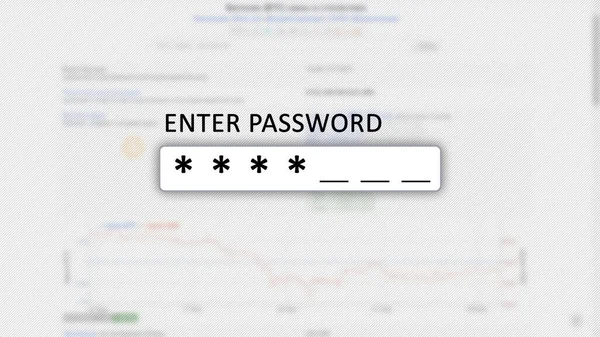 Screen concept with password entry field. Black text. Asterisks and underscores. Light blurred background with graph and numbers. Horizontal.