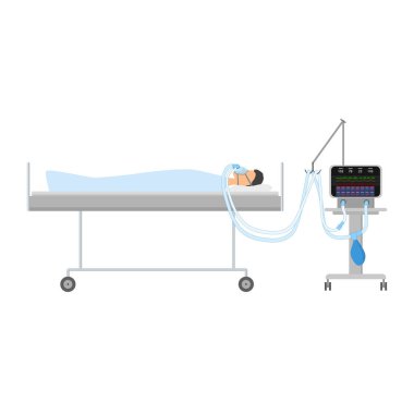 CPAP ile yatakta yatan bir adam. Ciğerlerdeki yapay havalandırma cihazı. Uyuyan Apnea. İzole vektör.