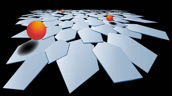 Stylish Modern Polygonal Background Hexagons Metal Surface Orange Volumetric Balls — Stock Vector