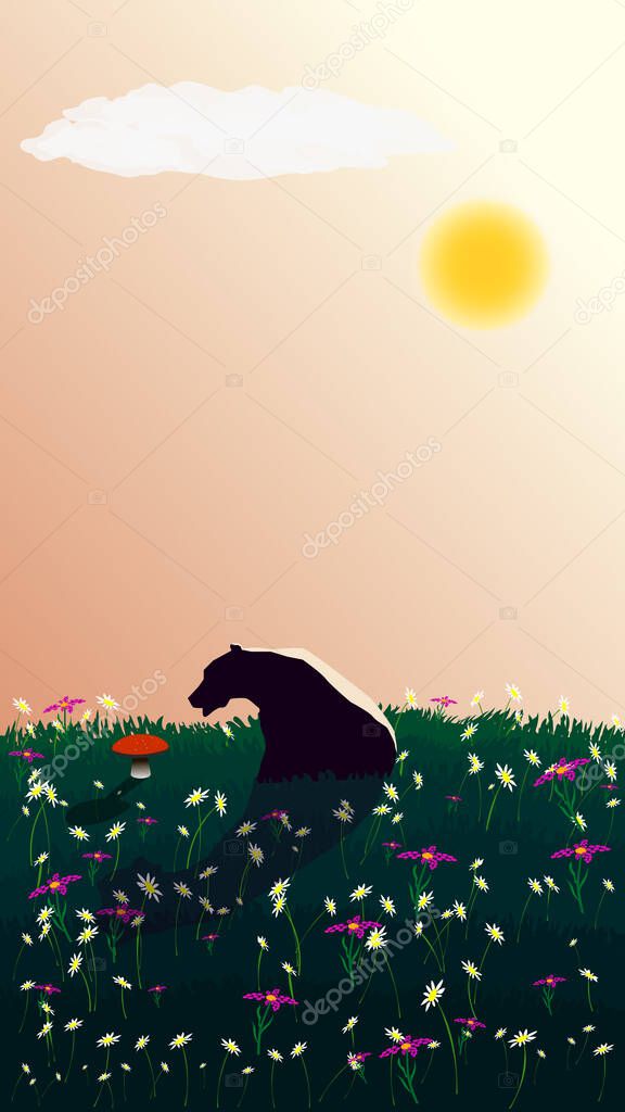 A pensive bear sits on the lawn and looks at a growing red mushroom. Contemplation of the beautiful. There are many flowers in the meadow. The sun is shining in the sky. Vertical vector illustration.