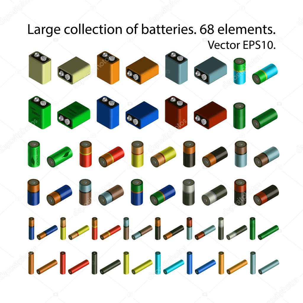 A large set of realistic isometric batteries. 68 elements in the collection. Several types of projection. Different colors. Isolated vector EPS10.