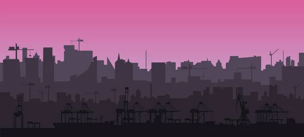 城市天际线轮廓在粉色夕阳下呈扁平风格 配备起重机的现代城市景观和货运港口 视差层 病媒Eps10 — 图库矢量图片