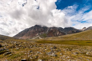 Dağ manzarası. Bulutlarda gizli bir tepesi olan bir dağ. Yerde bir sürü taş ve yeşil çimen var. Mavi gökyüzü. Yatay.