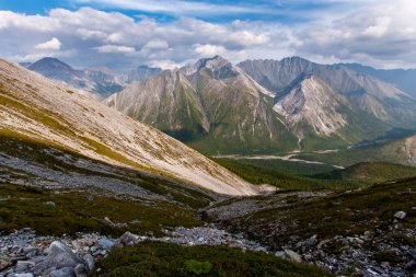 Dağ yamacından, arkasında yeşil bir orman, bir nehir ve dağ olan bir vadiye bakın. Yokuşta Rocky scree. Mavi gökyüzünde bulutlar. Yatay.