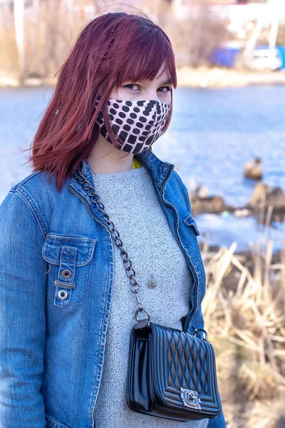 Portrait Teenage Girl Red Hair Homemade Protective Mask Coronavirus Covid — Stock Photo, Image