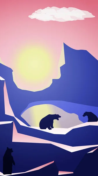 夕暮れ時に湖にクマと多角形の山の風景 熊は座り 片方は後ろ足に立つ 黄色の太陽とピンクの空 ベクトル縦図 — ストックベクタ