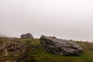 Arka planda sis olan bir dağ yamacındaki büyük taşlar. Yerde yeşil çimenler var. Rocky yolu. Uzayı kopyala Yatay.
