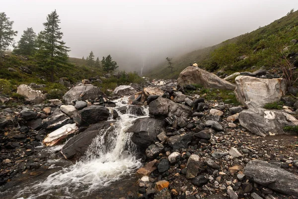 Río Montaña Niebla Grandes Rocas Pequeñas Piedras Los Bordes Crece — Foto de Stock