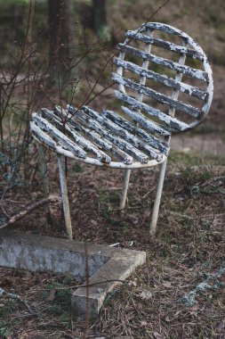 Ormanda yuvarlak koltuklu eski bir retro sandalye duruyor. Demir taban ve tahta çıtalar. Boya soyulmuş. Dikey.